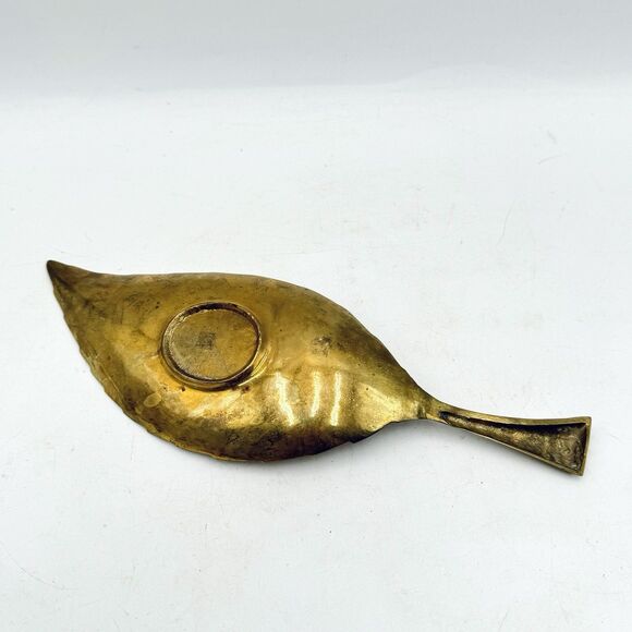 Vintage Solid Brass w Enamel Figural Leaf Trinket / Change / Keys Tray - Picture 5 of 7
